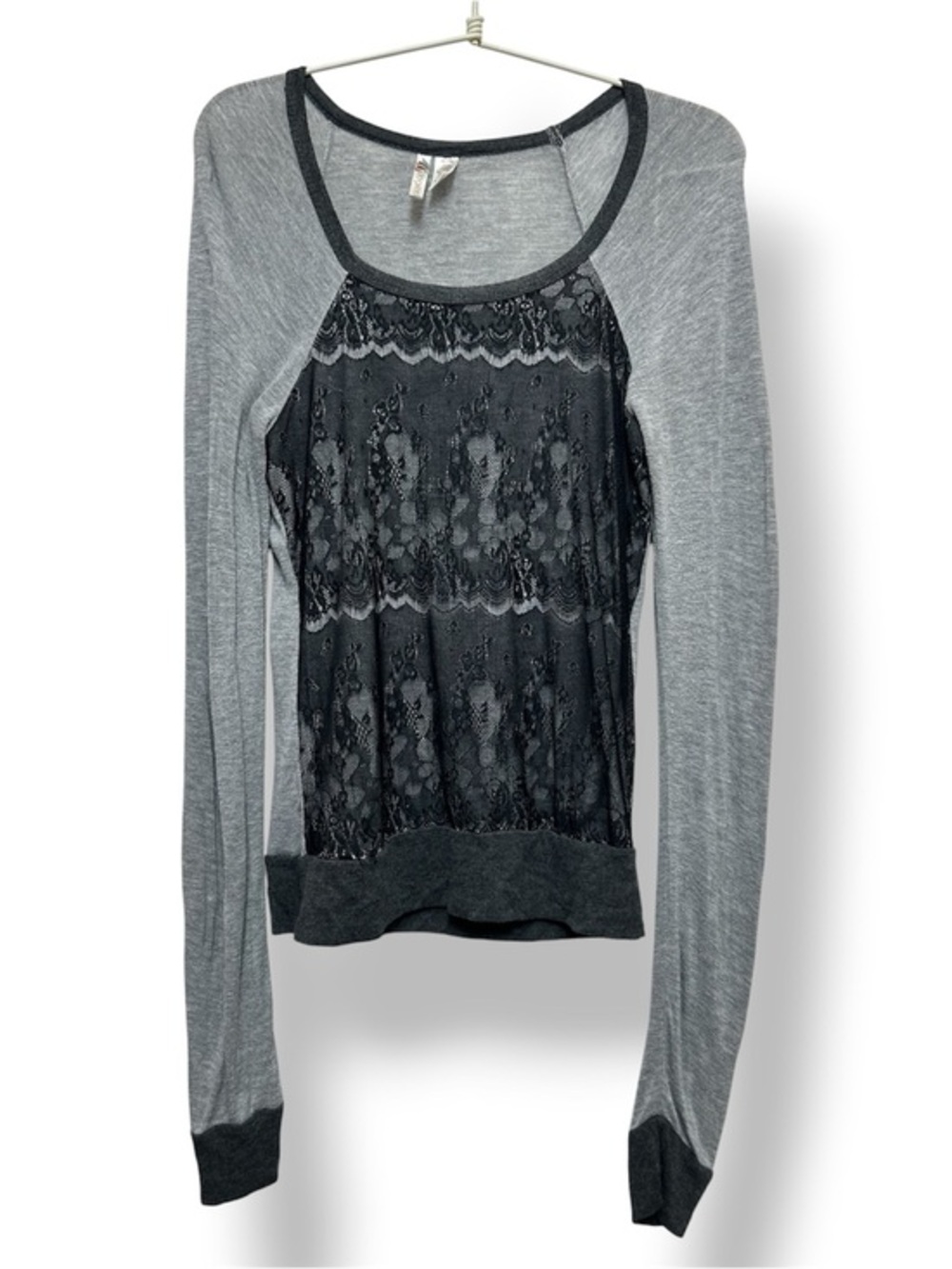 Y2K Gray Black Lace Panel Long Sleeve Top Small Goth Coquette